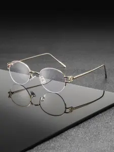 Men's Metal Oval Half Frame Glasses, Fashionable Frames Glasses, Simple Artistic College Style, High-End Luxurious Elegant Fashion, Suitable for Library Cafe Home Wear