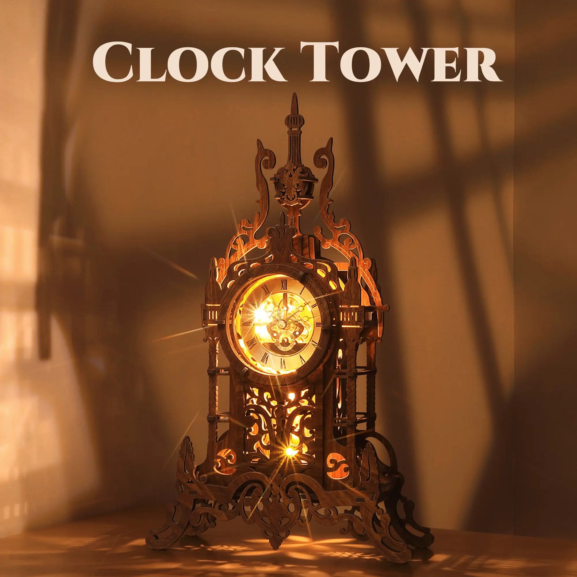 FUNPOLA 3D Wooden Puzzle LED Clock Tower with Adjustable Light — DIY Building Model Kit, Cozy Home Desk Decor Gift for Adults