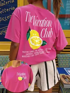 Women's Fuchsia T-Shirt with Lemon Print, Loose-Fitting Comfortable Casual Top for Teens, Fresh Stylish Vibe Streetwear for All Seasons, Womenswear, Piece