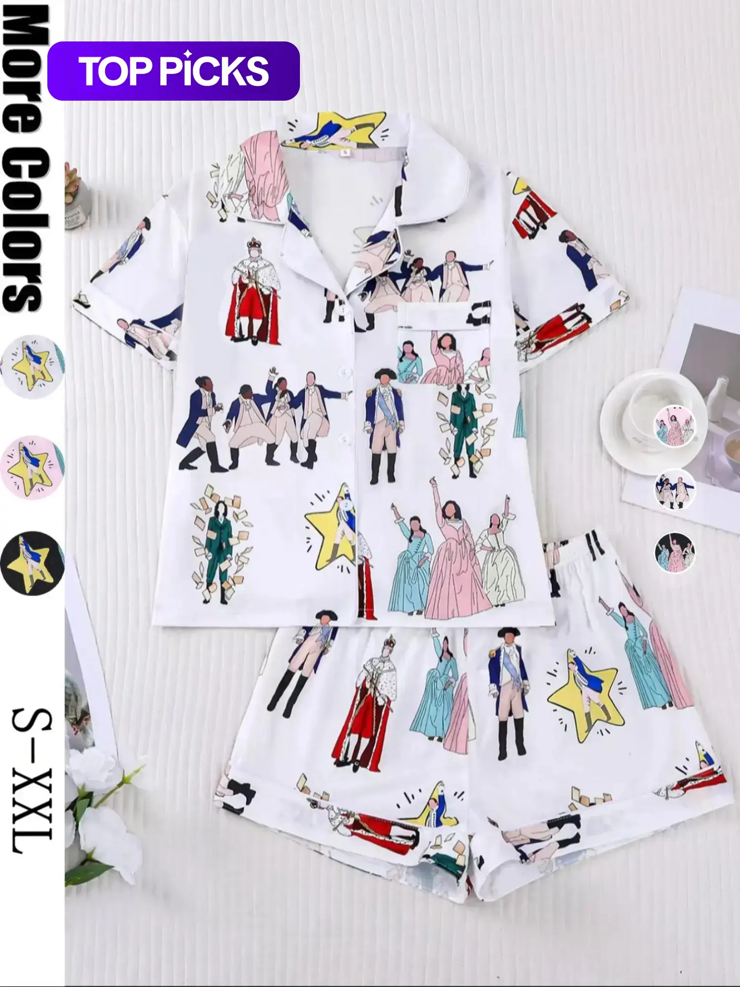 Hamilton Musical Themed Women's Pajama Set, Short Sleeve Shirt Collar Button Soft Top & Elastic Shorts, Casual Home Wear, Print