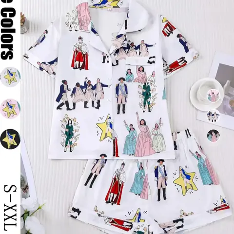 Hamilton Musical Themed Women's Pajama Set, Short Sleeve Shirt Collar Button Soft Top & Elastic Shorts, Casual Home Wear, Printed Sleepwear Set
