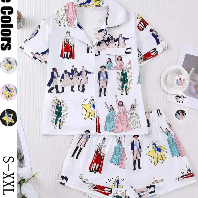 Hamilton Musical Themed Women's Pajama Set, Short Sleeve Shirt Collar Button Soft Top & Elastic Shorts, Casual Home Wear, Printed Sleepwear Set