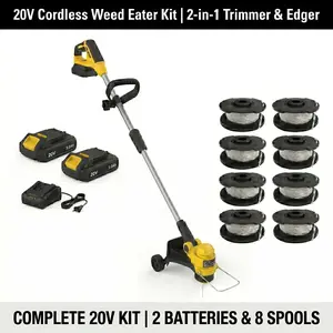 20V Cordless Weed Eater & Edger (2-in-1) - Includes 2 Batteries & 8 Spools, 12" Lightweight Lawn Trimmer