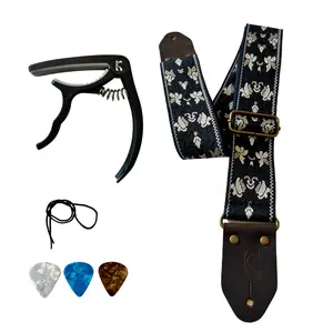 Guitar Strap Accessories, Vintage Navy, Capo, Picks, Premium Leather Ends, Embroidered Cotton Strap for Acoustic, Electric and Bass Guitars, Navy.