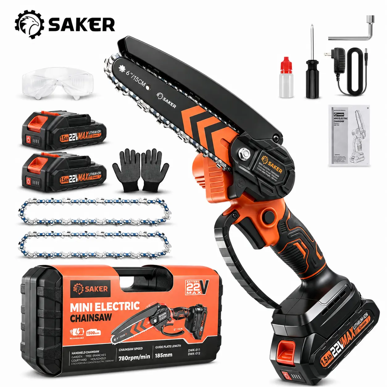 SAKER 6-Inch Cordless Mini Chainsaw with 2 Rechargeable Batteries, Ultra-Lightweight One-Handed Electric Chainsaw for Tree Trimming, Branch Cutting & Yard Clean-up