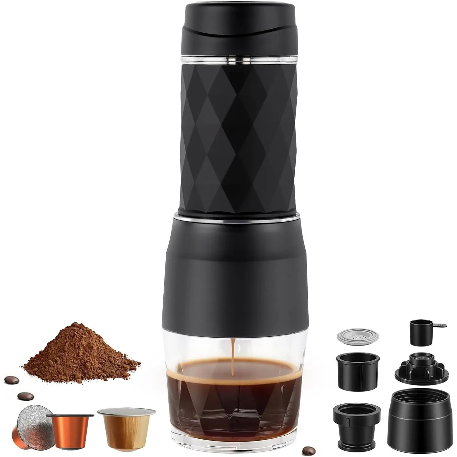 Manual Portable Espresso Machine Coffee Brewer, 13-18 Bar Pressure, Lightweight Black Kitchen Appliance, Fit for Office & Camping, Ideal for At Home Espresso