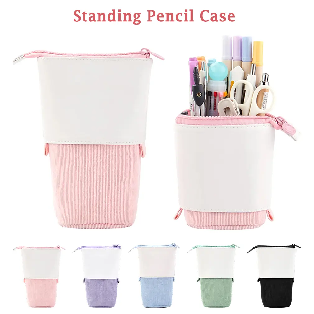 PU Corduroy Telescopic Stand-up Pen Holder - Travel Organizer for School Supplies, Colorful Retractable Stationery Case, Ideal for Christmas Holiday