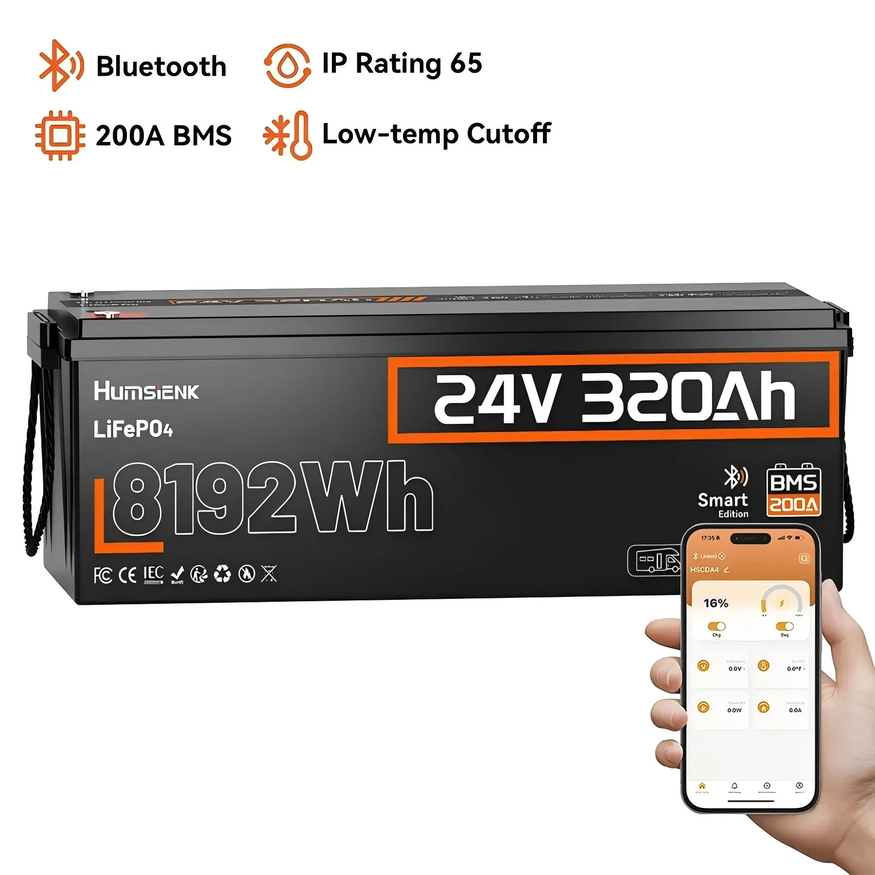 HumsiENK 24V 320Ah Bluetooth LiFePO4 Battery 8kWh Smart BMS High Cost Performance Home Backup Power Emergency Preparedness Off-Grid Living Yard Renovation Reduce Equipment Downtime Uninterrupted Power Supply