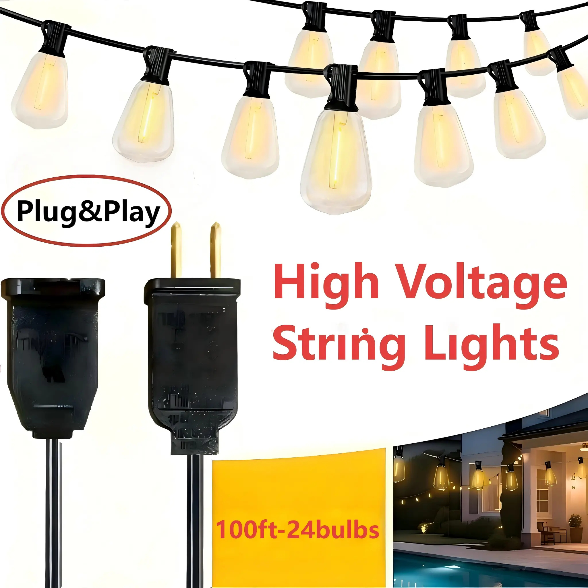 DAYBETTER LED Outdoor String Lights 50FT(12bulbs) or  100FT (24bulbs) Patio Lights with Shatterproof ST38 Vintage Edison Bulbs, Outside Hanging Lights Waterproof for Porch, Deck, Garden, Backyard, Balcony, 2700K warm white Led Strip