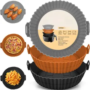 3-Pack Air Fryer Liner - 8-Inch Silicone Pan, Reusable Food Grade Baking Basket Accessories Easy Clean BPA Free Non-Toxic Pure Silicone