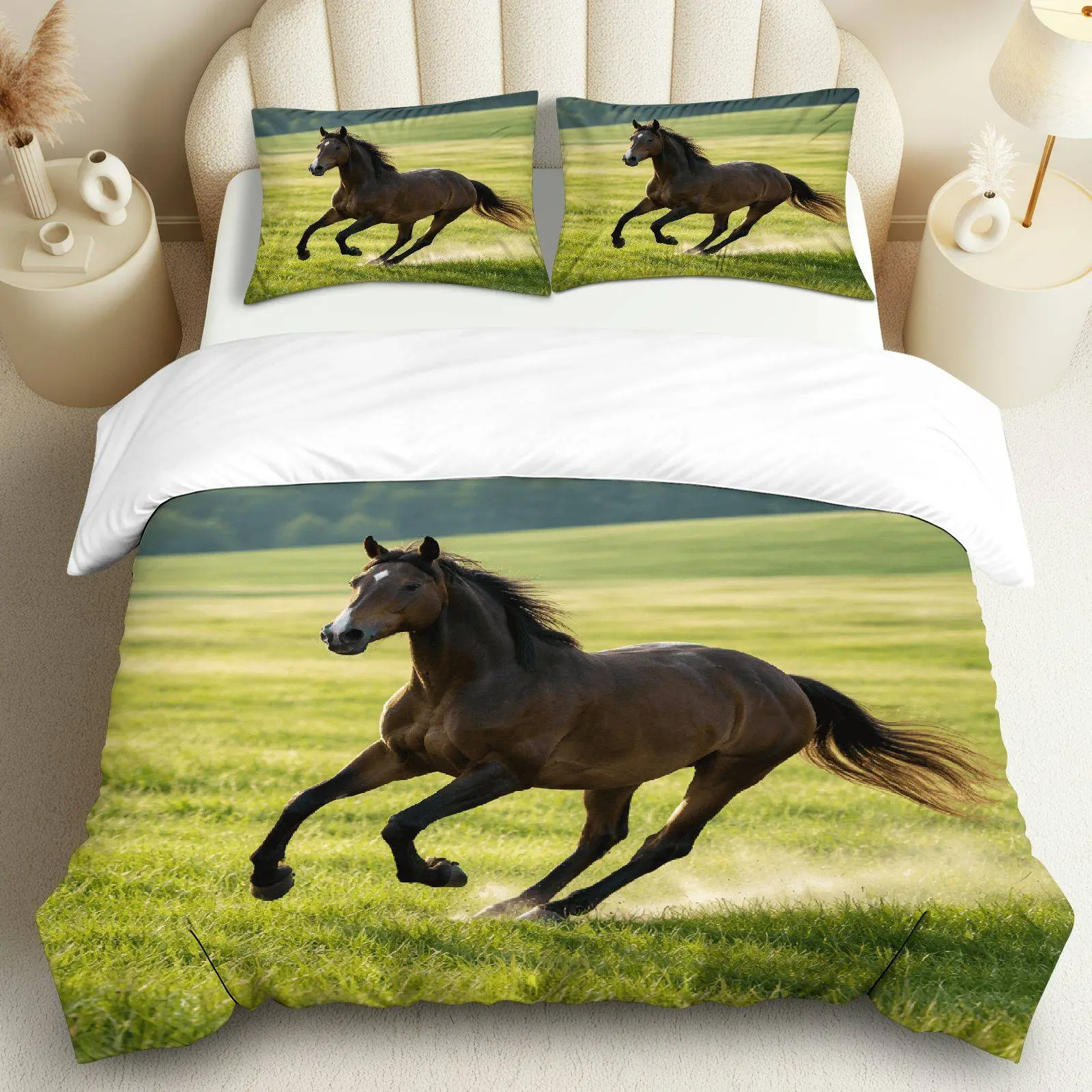 3PCS Duvet Cover Set, 1 Duvet+2 Pillowcases(Without filler), Galloping Horse Equestrian Nature Serenity Freedom theme, Spring bedding set, Bed Sets, Decorative Duvet Cover, Horse Lover's Gift Suitable for decoration Bedroom Hotel Lodge Farmhouse