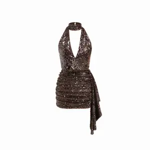 Cider Sequin Deep V-neck Halter Mini Dress