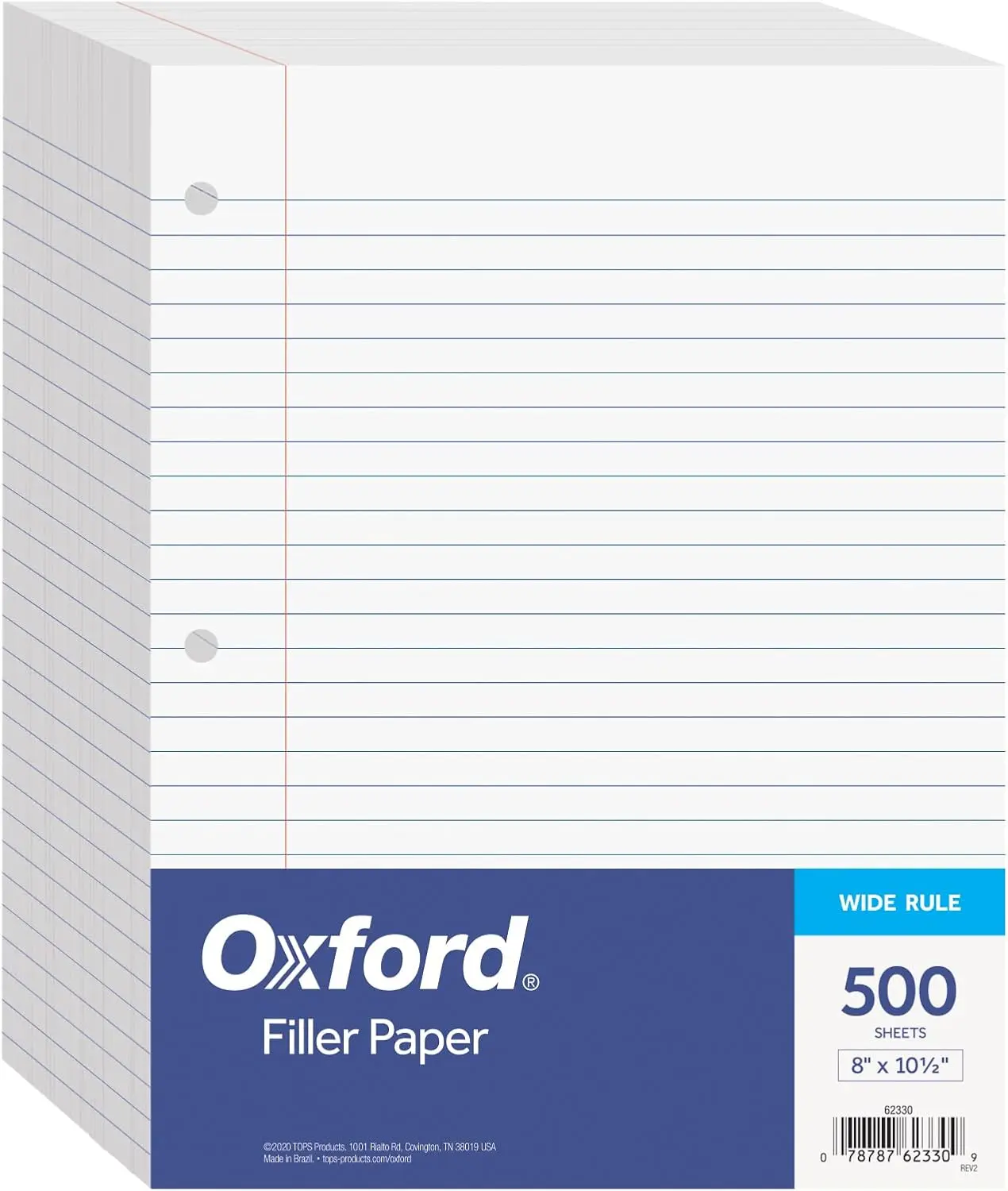 Oxford Filler Paper, 8 X 10-1/2 Inch Wide Ruled Paper, 3 Hole Punch, Loose Leaf Notebook Paper for 3 Ring Binders, 500 Sheets (62330), White
