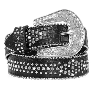 XZQTIVE Glamorous Rhinestone Belt: Elevate Your Jeans & Western Look with Faux Crocodile Grain Leather & Bling Studs