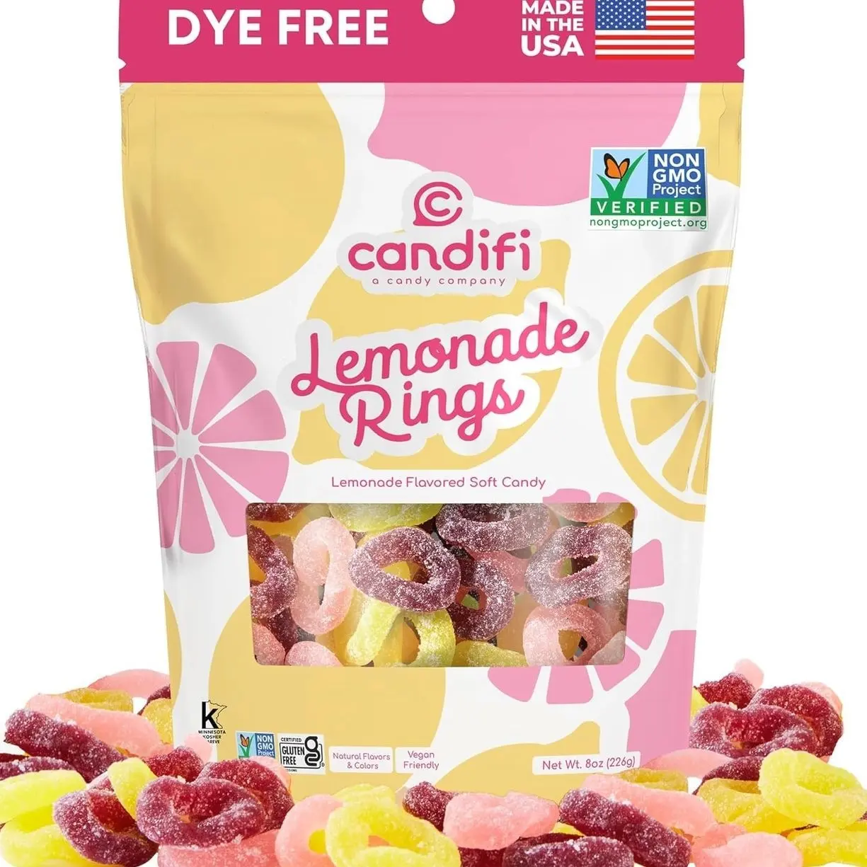 Candifi Lemonade Rings – Sour-Sweet Vegan Pink Lemonade Gummy Rings – Dye Free Candy – Sour Gummies Natural Candy, Non GMO – Kosher, No Gelatin, Gluten Free Snacks (8 oz)