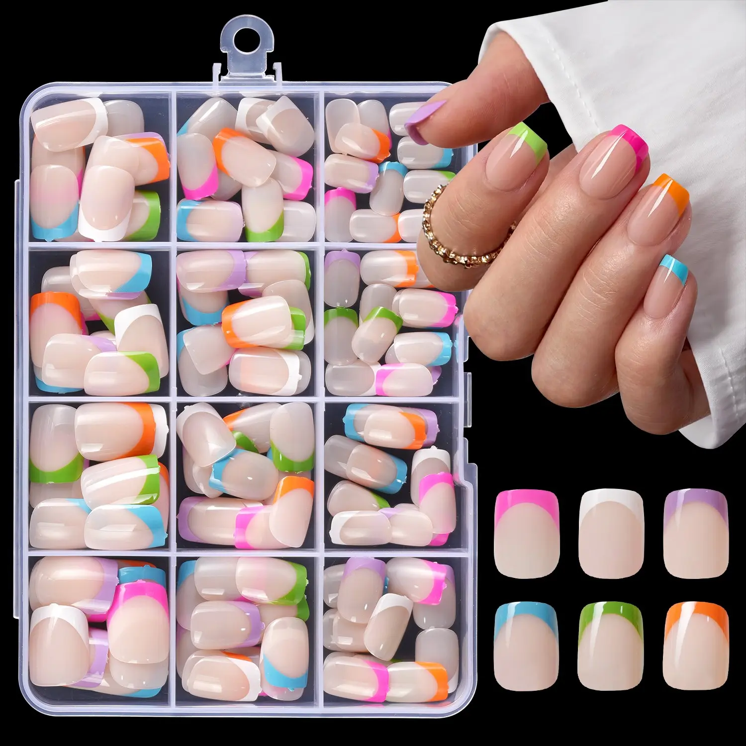 144-Piece French Press-On Fake Nails Set, Glossy Finish, Full-Coverage Removable False Nails, Jelly Glue and Nail File Included, for Women