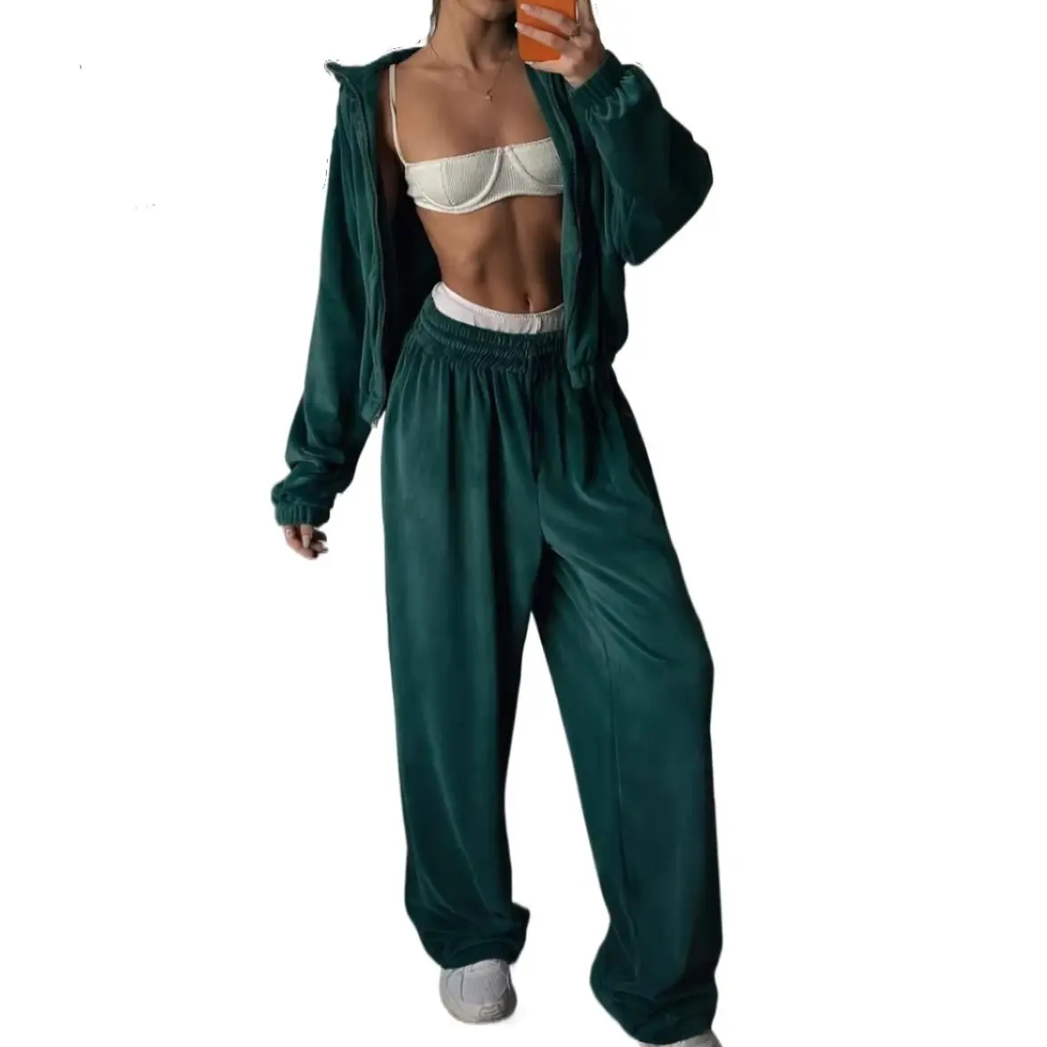 Women's 2-Piece Velour Tracksuit Set - Full-Zip Stand Collar Long Sleeve Jacket & Wide Leg Pants, Soft Casual Loungewear Streetwear Outfit (2 piece sets), Two Piece Sets