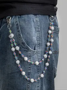 Unisex Hip Hop Colorful Rhinestone Embellished Pants Chain Wallet Chain, Double Layer Denim Decoration Strap for Daily Party Music Festivals