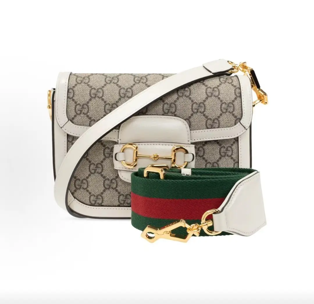Pre-owned GUCCI Horsebit 1955 Mini Shoulder & Crossbody Bag, Women's, GG Supreme Canvas & Leather, Web Stripe, Ebony & White