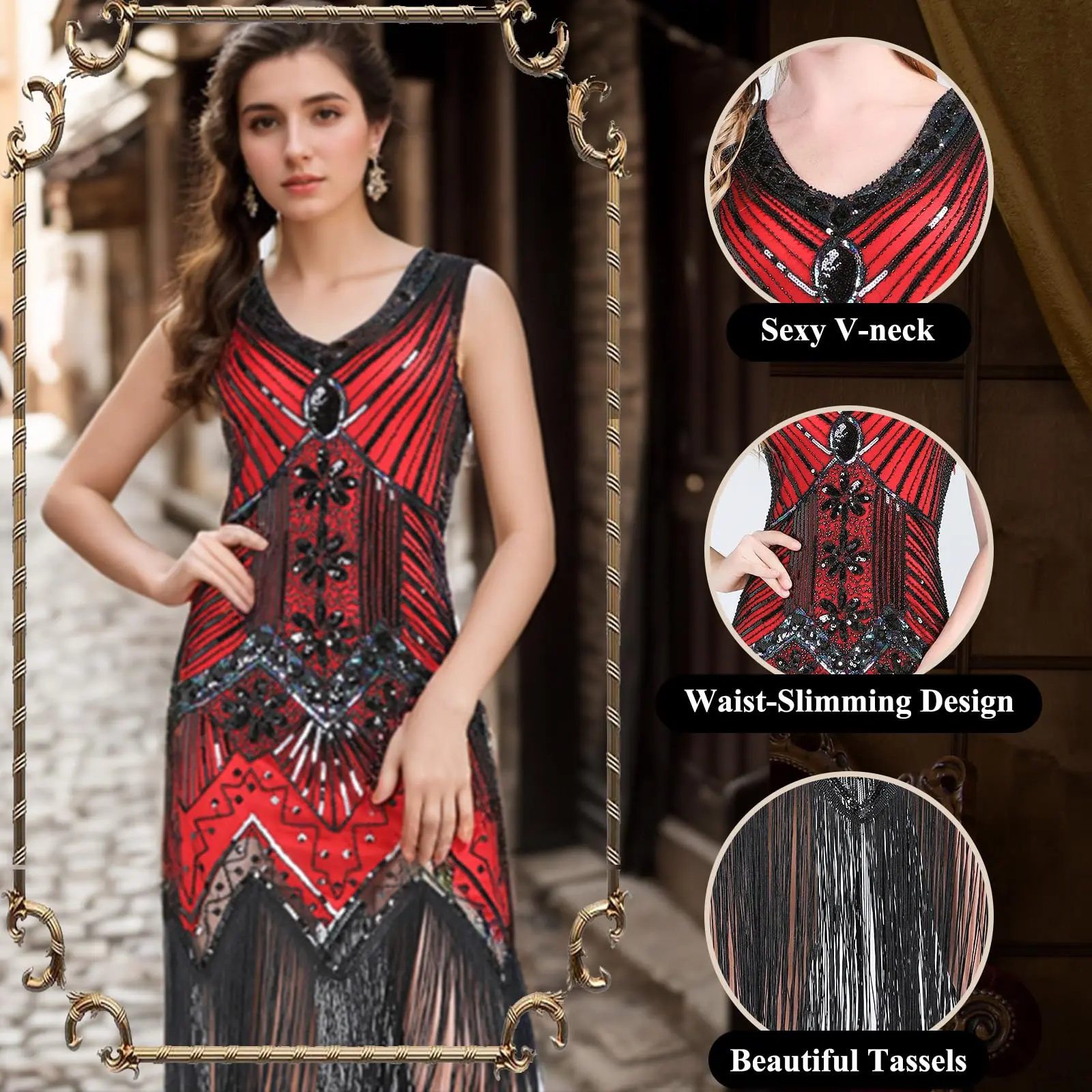 FEPITO Women's Vintage 1920s Flapper Costume Set - V-Neck Sequin Beaded Fringed Mid-Length Zipper Dress with Great Gatsby Accessories (Fishnet Tights, Black Long Gloves, Earrings, Headband, Pearl Necklace) for Party Wear, Tango (Style 4, Red)