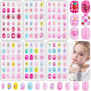144 Pcs Kids Fake Nails Set, 6 Pack Press on Nail Pre-glue Artificial False Acrylic Nails Set for Little Girl Children Toddlers