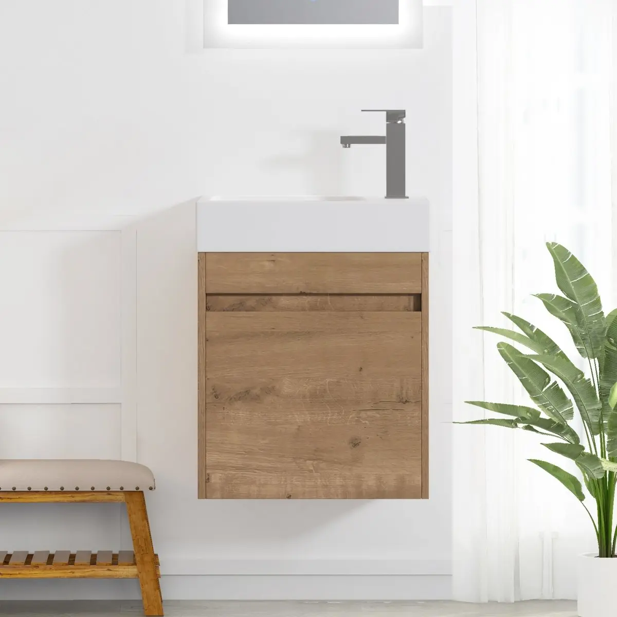 ExBrite 18 Inch Floating Vanity with Sink - Wall-Mounted Bathroom Vanity, White Resin Sink, Soft-Close Cabinet Door, Brown Wood Finish