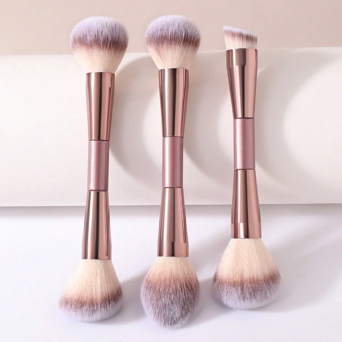 3-Piece Double-Ended Makeup Brush Set, Rose Gold Two-Tone Ferrule, Soft Gradient Synthetic Bristles, Multi-Functional for Foundation, Contour, Blush & Powder, Portable Cosmetic Tools for Beginners, Daily Use & Travel