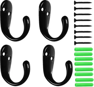 4 Pack Wall Hooks Wall Mounted Coat Hooks for Hanging Heavy Duty, Black Towel Hooks, Metal Single Coat Hanger with Screws Cup Retro for Coats, Handbags, Towels