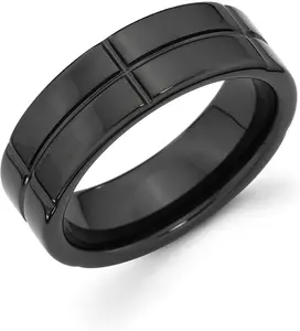 Black Ceramic 7mm Cross Channel Accent Fashion or Wedding Band Ring