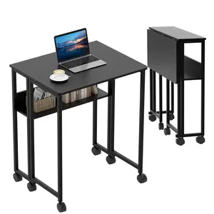 GAOMON Folding Desk Small Rolling Desk with Storage Shelf,24.8 Inch Foldable Computer Table for Small Spaces, Space Saving Sofa Table with Wheels for Home Office, Study, Easy Assembly, Black