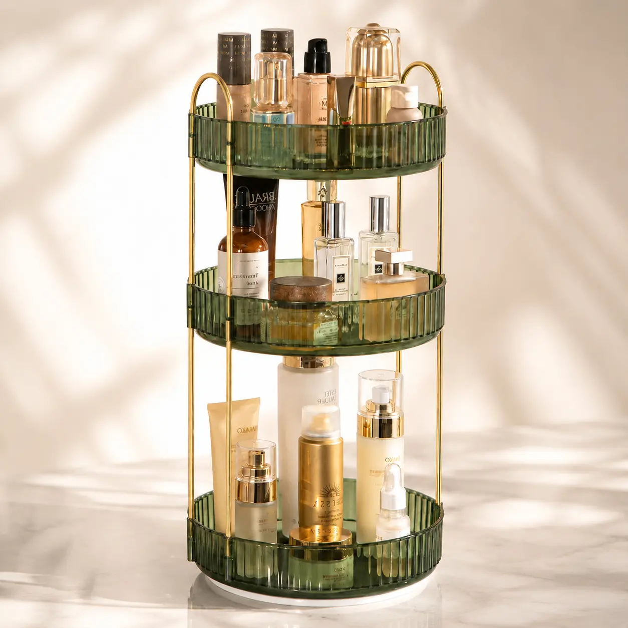 3-Tier 360-Rotating Green Clear Makeup Organizer - Clever Storage, Space-Saving Revolving Beauty Rack for Dresser Vanity, Ideal Gift for Girls, Storage Upgrade & Space Saving Solutions for Bathroom Cosmetics, Perfumes & Accessories