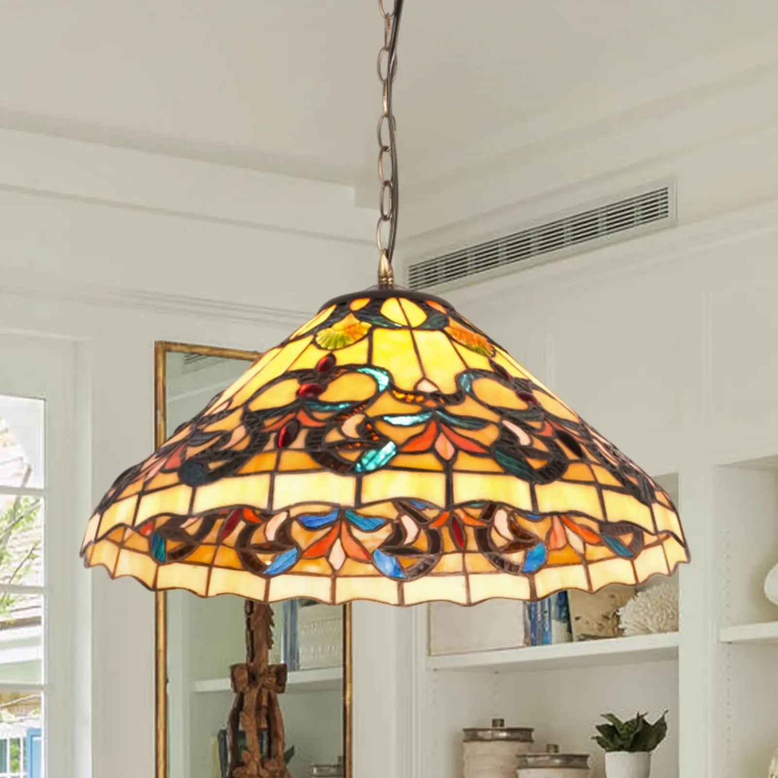 16" Tiffany Style Baroque Stained Glass Pendant Light, Adjustable Hanging Lamp with Bronze Iron Chain, Bulb Not Included