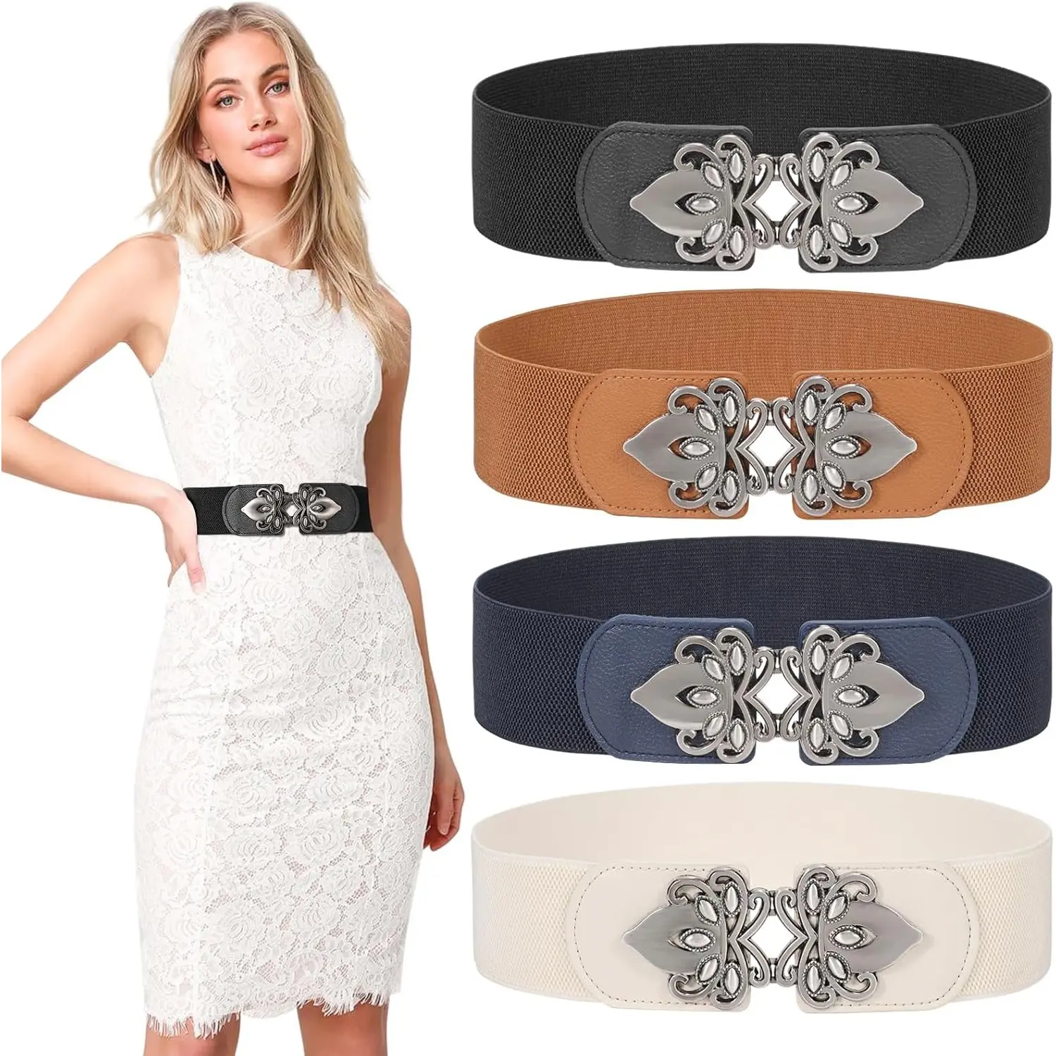 4Pcs/Set Retro Elastic Cinch Belt for Women,Wide Fashion Stretchy Waist Band with Carved Buckle,Classic Black Brown Navy White Corset Belt,Halloween Christmas Party Gifts,Hand Tools Kits