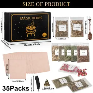 2026 New Witchcraft Supplies Set, 38-piece Witch Starter Set, including Wiccan supplies and tools, 35 pieces of organic dried herbs, 1 crystal spoon, 1 black feather, and 1 bell;