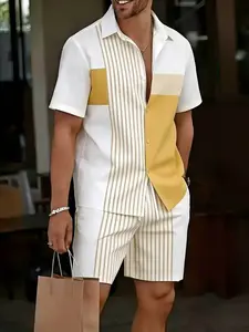 Men's Striped Patchwork Short Sleeve Shirt Set, Matching Summer Casual Fashion Two-Piece, Shorts Pair, Block Design, Tropical, Menswear
