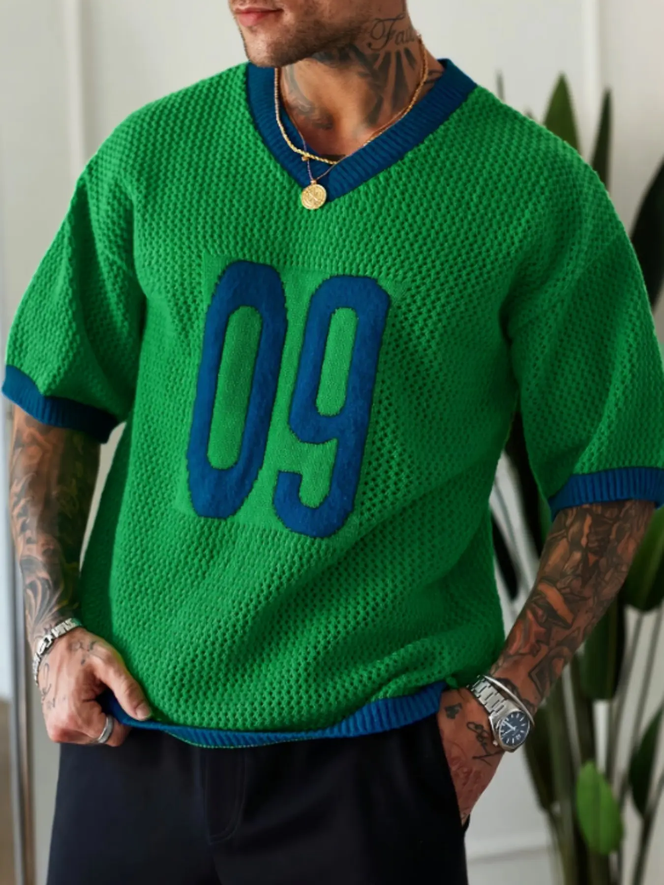 Men's Summer Sport Style Knit Sweater, Game Day Pullover, Casual Comfy Pullover, V Neck Breathable Hollow Out Design Pullover, Casual Fitted Stars Pattern Top, Sporty Knitwear