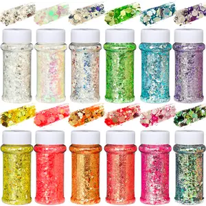 Holographic Chunky Glitter 12Colors Bulk Craft Glitter Powder Chunky Flakes Iridescent Nail Sequins for Nail Art Hair Epoxy Resin Tumbler Painting Festival Decor Diy Nail Art