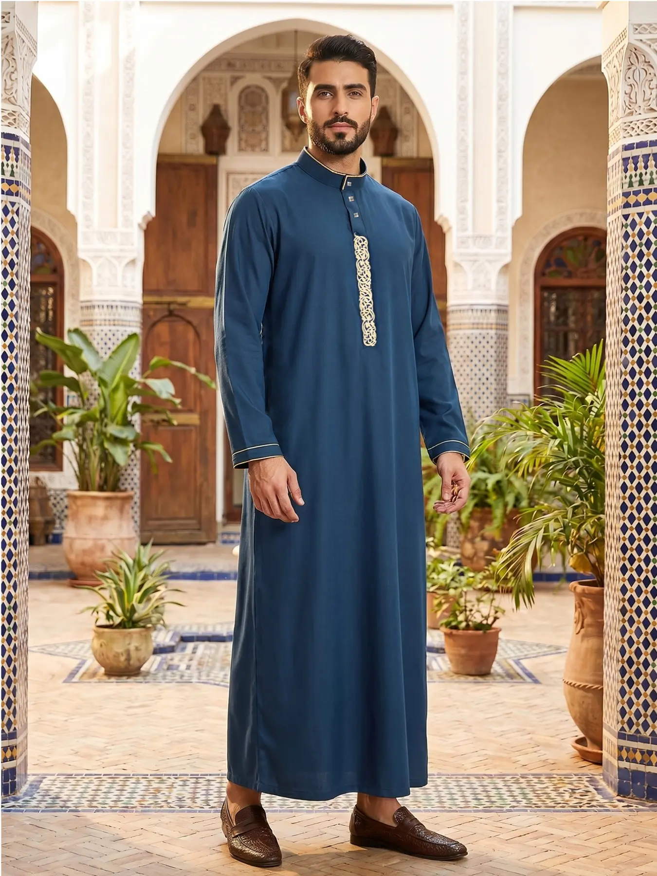 Islamic Traditional Men's Robe, Islamic Thobe, Muslim Thobe, Stand Collar with Gold Embroidery, Long Robe for All Seasons, Perfect Gift for Festivals