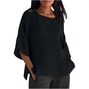 Cotton Linen Tops for Women 3/4 Sleeve Crewneck Tunic Blouses Dressy Causal Gauze Shirts Ladies Summer Clothing 2025