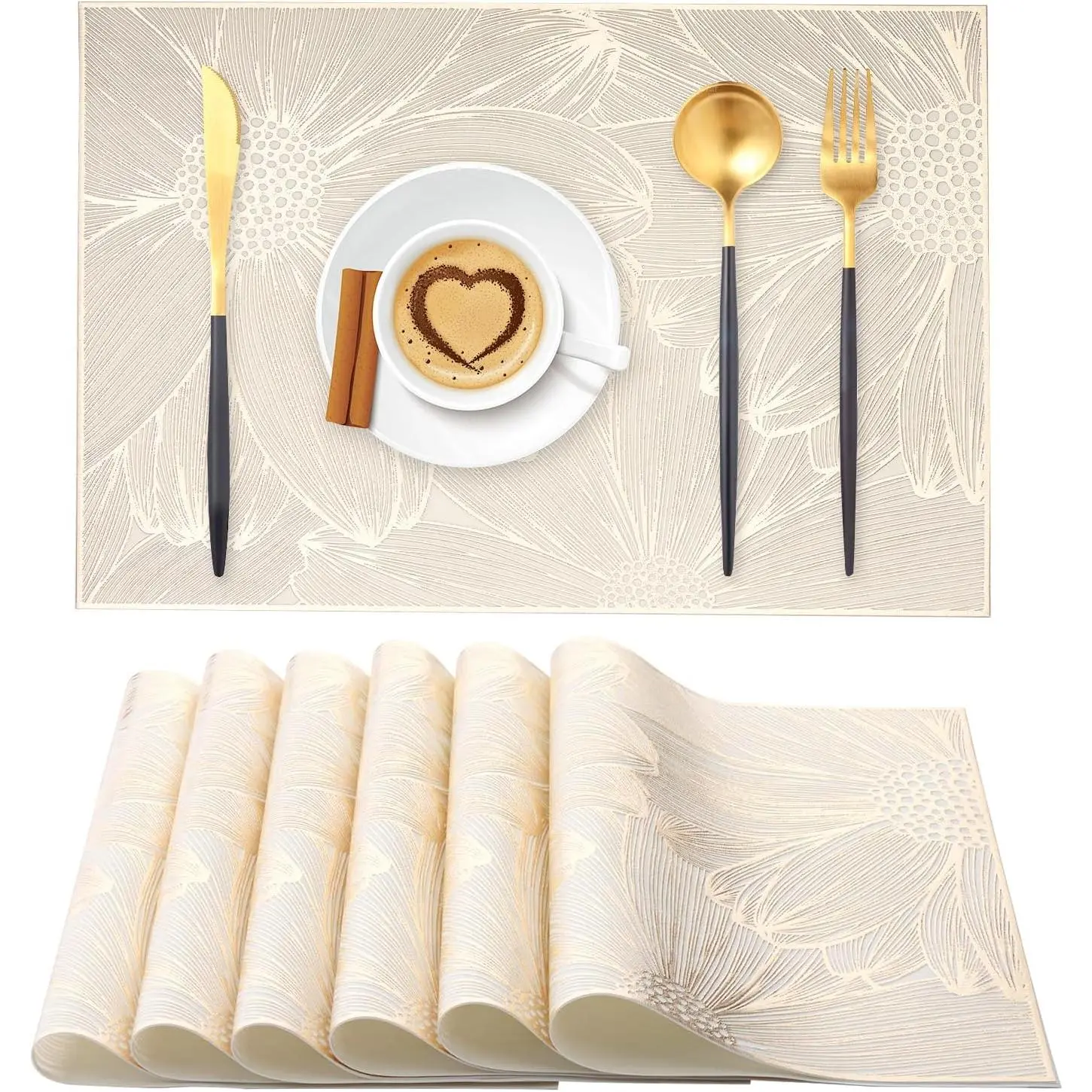 Gold Rectangle Placemats Set of 6 Vinyl Place Mats for Dining Tables Kitchen Indoor Easy to Clean Heat Resistant Wipeable Washable Modern Dining Table Mats Wedding Holiday Party Festival Decor