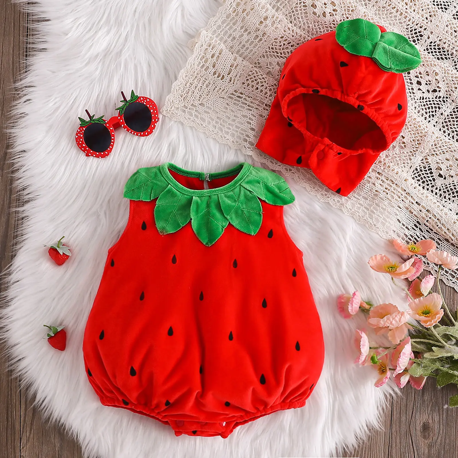 Toddler Infant Baby Boy Girl Strawberry Dress Up Costume Halloween Strawberry Romper Hat Cosplay Clothe