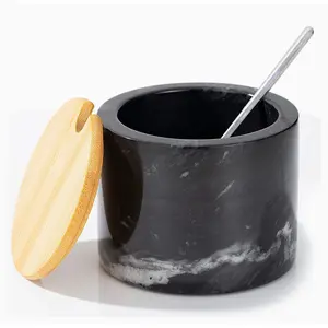 Marble Salt Cellar with Lid & Spoon, 11oz Salt and Pepper bowls, Handcrafted from Natural Marble, Smooth Inside