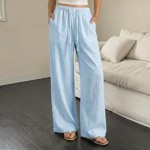 Women’s summer solid-color wide-leg pants, breathable, elastic waistband, loose casual straight-leg long pants