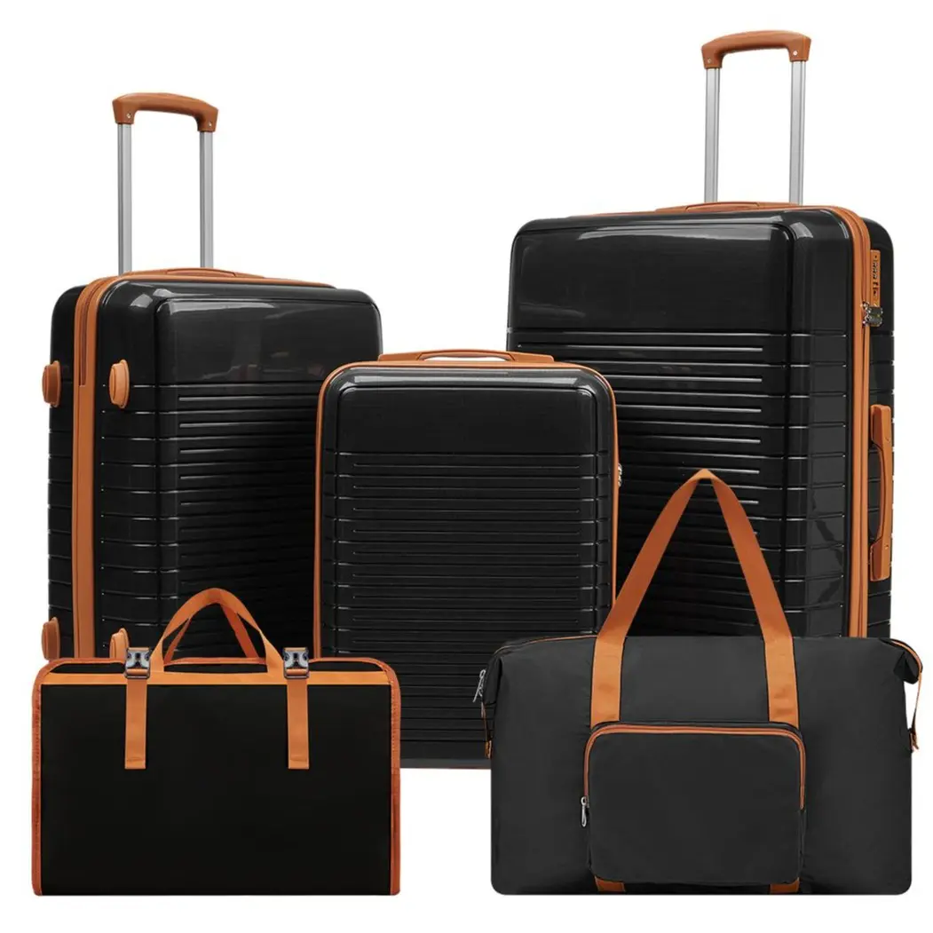 New 5-Piece Waterproof Luggage Set - 20"/24"/28" Carry-On Suitcases, Multi-Function Handbag, Foldable Compact Toiletry Bag, PC ABS Hard Shell, Lightweight, Silent Spinner Wheels, USB Combination Lock, Organize Travel Kit (Black, Brown), Zipper