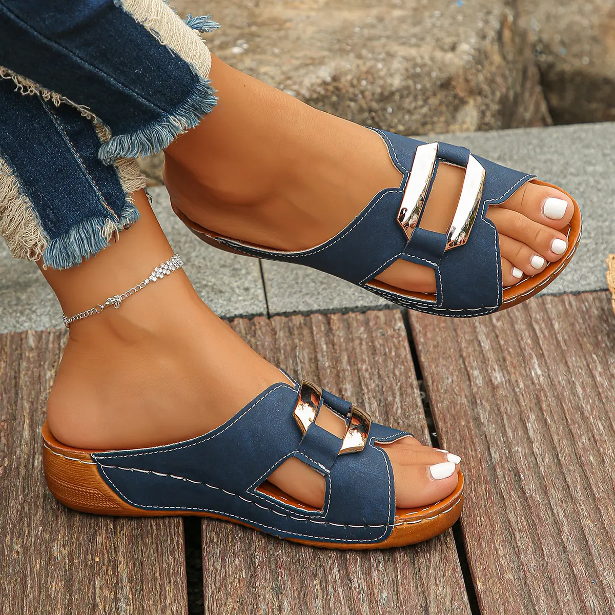 Foreign Trade Plus Size Women's New Fashion Casual Navy Blue Metal Open Toe Wedge Thick Sole Sandals Daily Wear Beach Comfortable Versatile-On Sandals Women's Shoes