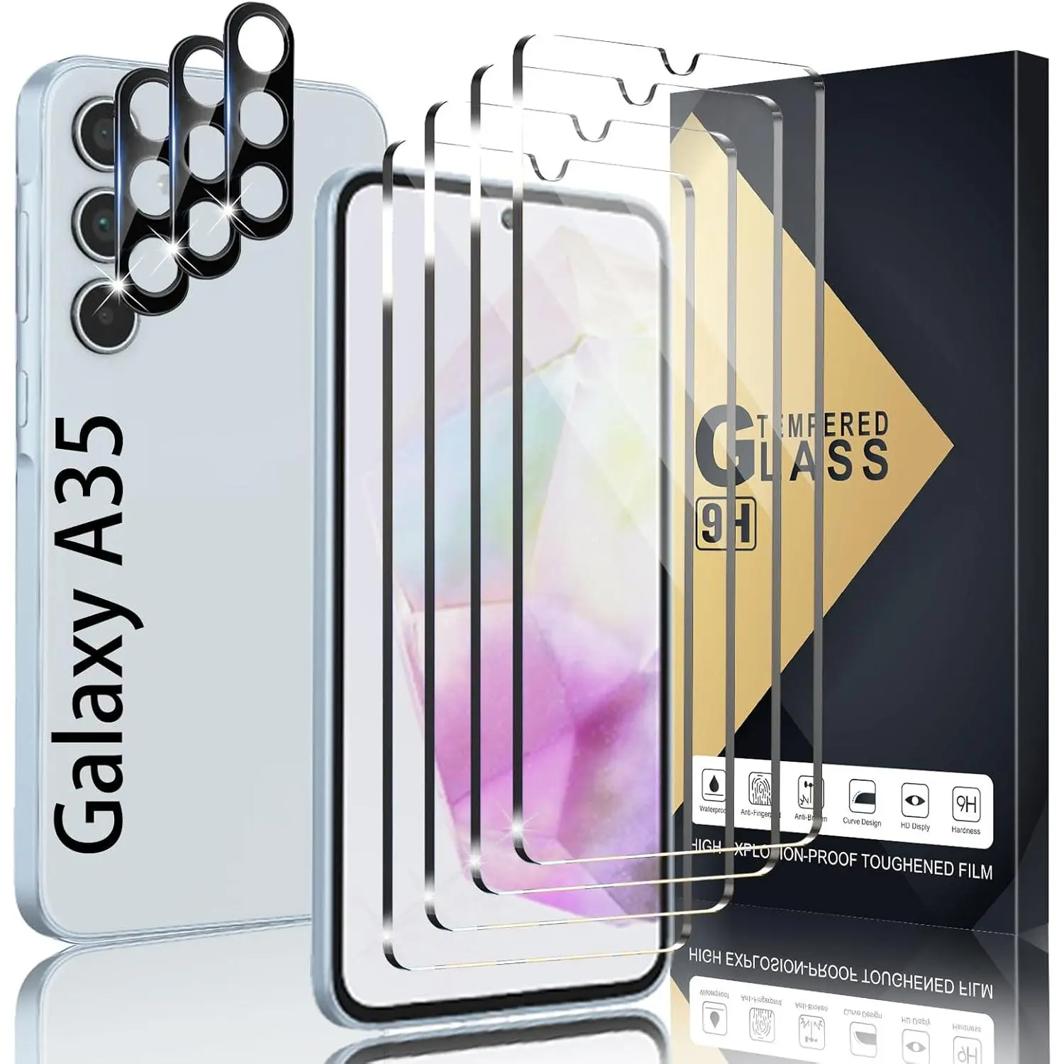 4+3 Pack Galaxy A35 Screen Protector, 4 Pack Tempered Glass with 3 Pack Camera Lens Protector, High Clarity, Anti-Shatter, Bubble Free for  A35 5G Screen Protector