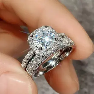 RING4U - 2 Pcs Shiny Square Stack Ring Set Inlaid Round Sparkly Zirconia Coupon Rings for Women Party Wedding Jewelry