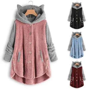 Cat Print Long Hoodies Sweatshirt Women Fleece Warm Button Pocket Pullovers Cat Ear Plus Size Hoodie Top Blouse Sweat Femme