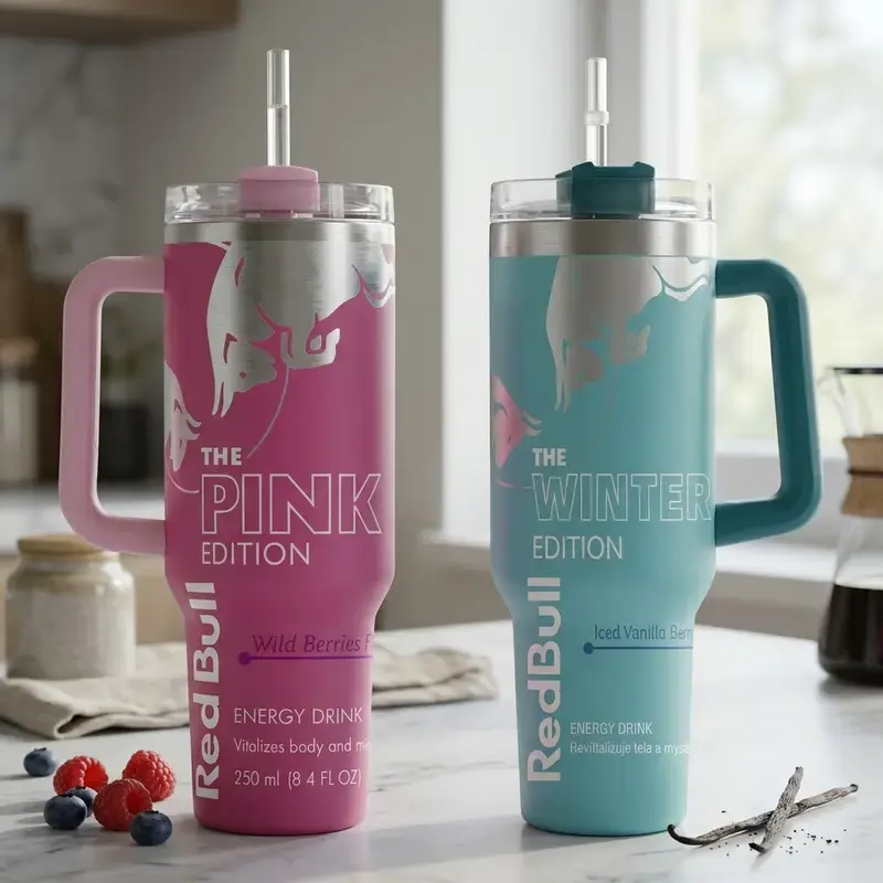 Red Bull Pink, Blue & White Edition 40oz Stainless Steel Tumbler With Handle and Straw, Double Wall Vacuum Insulated Travel Mug