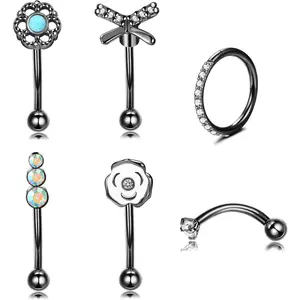 6PCS Black Eyebrow Ring Set | 16G Stainless Steel Curved Barbells & Hoop | Versatile Jewelry for Rook, Daith, Vertical Labret & Belly Piercing